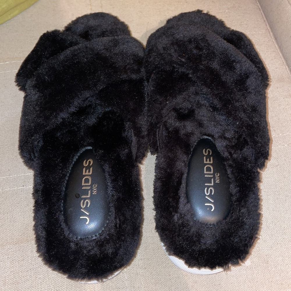 Black fur J Slides platform sandals size 8